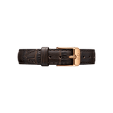 Brown croc embossed genuine leather watch strap with a rose gold buckle, featuring adjustable holes and detailed stitching for a classic, refined look.