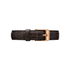 Brown croc embossed genuine leather watch strap with a rose gold buckle, featuring adjustable holes and detailed stitching for a classic, refined look.