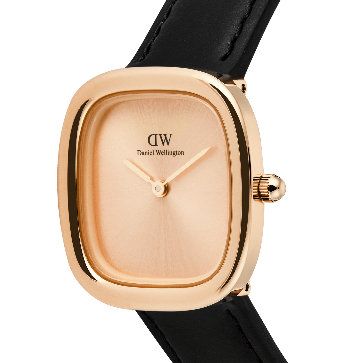 Close-up of the Margot Sheffield Unitone Sunray Rose Gold ladies watch, showing the cushion-shaped polished rose gold case, minimalist sunray dial, and slim black leather strap.