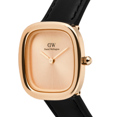 Close-up of the Margot Sheffield Unitone Sunray Rose Gold ladies watch, showing the cushion-shaped polished rose gold case, minimalist sunray dial, and slim black leather strap.