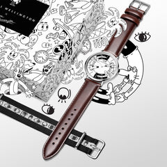 Steven Harrington x Daniel Wellington Bristol BW dial & Strap Silver set displayed with a brown leather strap, creative illustrated dial, and an interchangeable black and white NATO strap featuring an eye-print motif, alongside exclusive packaging with playful artwork.