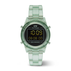 Retro Digital Light Green Light Green unisex watch with a transparent light green link bracelet, round black digital dial, and yellow digital display, featuring a minimalist retro design suitable for both men and women.