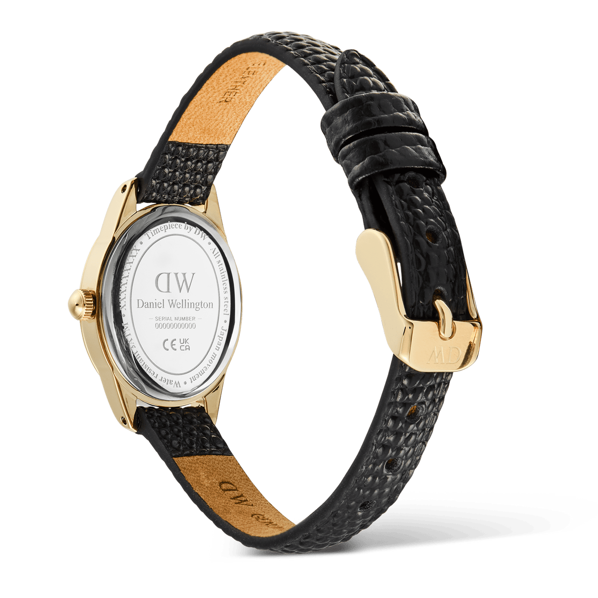 Rear view of the Daniel Wellington Ophelia Mini Black Lizard White Guilloché Gold watch, highlighting the engraved stainless steel case back, gold pin buckle, and textured black lizard grain leather strap.