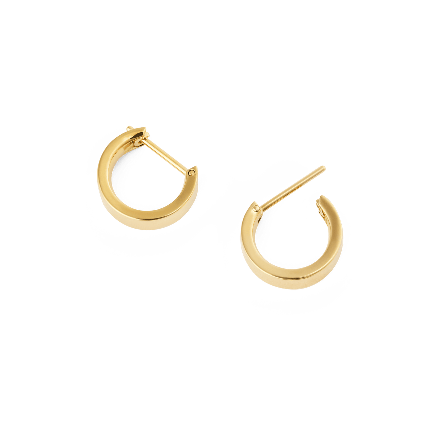 Line Earrings Polished Gold 3.5mm shown open, highlighting their minimalist hoop design, mirror-like shine, and secure latch-back closure suitable for everyday wear.