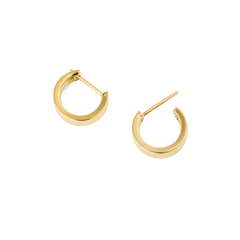Line Earrings Polished Gold 3.5mm shown open, highlighting their minimalist hoop design, mirror-like shine, and secure latch-back closure suitable for everyday wear.