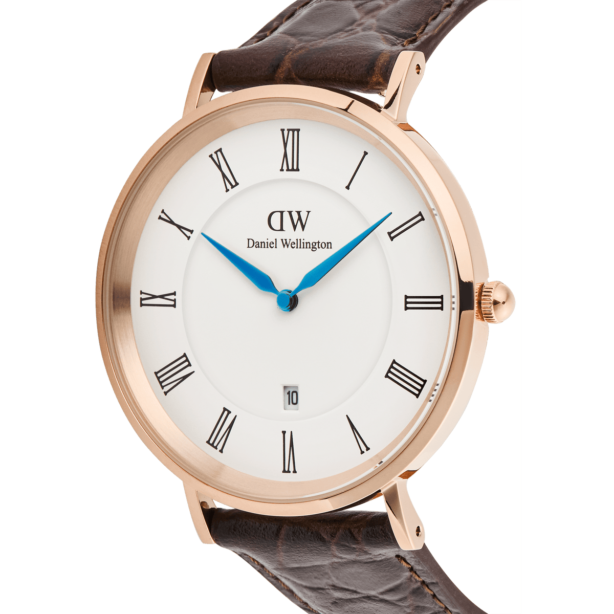 Close-up of the Classic Roman Numerals Date Dark Brown Croc Belly Rose Gold men’s watch, showing the rose gold case, white dial with black Roman numerals, blue hands, date display, and brown croc-embossed leather strap.