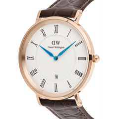 Close-up of the Classic Roman Numerals Date Dark Brown Croc Belly Rose Gold men’s watch, showing the rose gold case, white dial with black Roman numerals, blue hands, date display, and brown croc-embossed leather strap.