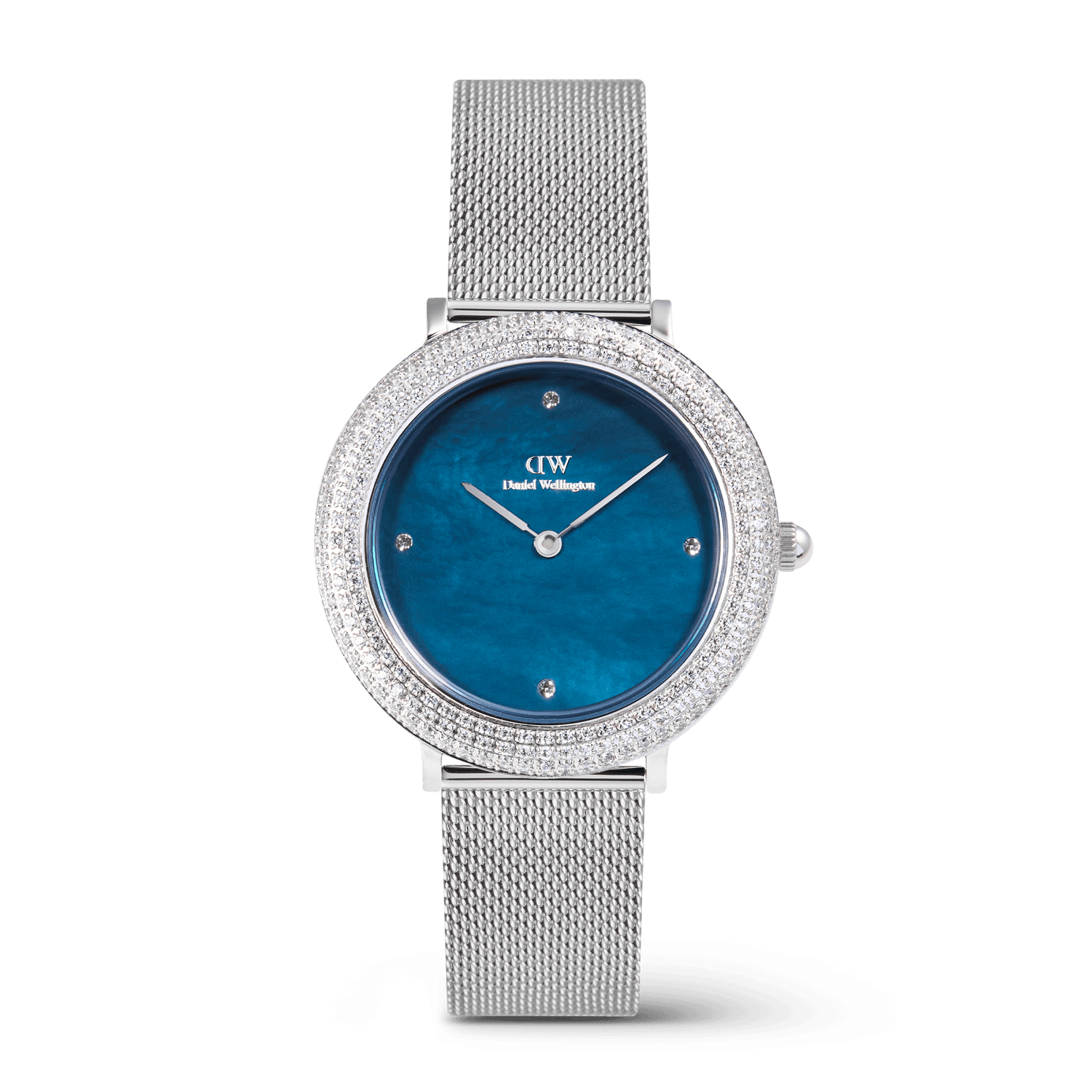 Daniel Wellington Crystalline Bezel Sterling Blue ladies watch with a blue mother of pearl dial, crystal-set bezel, and a polished silver stainless steel mesh strap.