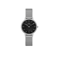 Silver ladies watch with a slim mesh strap, crystal-set bezel, and black mother of pearl dial, featuring minimalist hour markers and a classic round case.