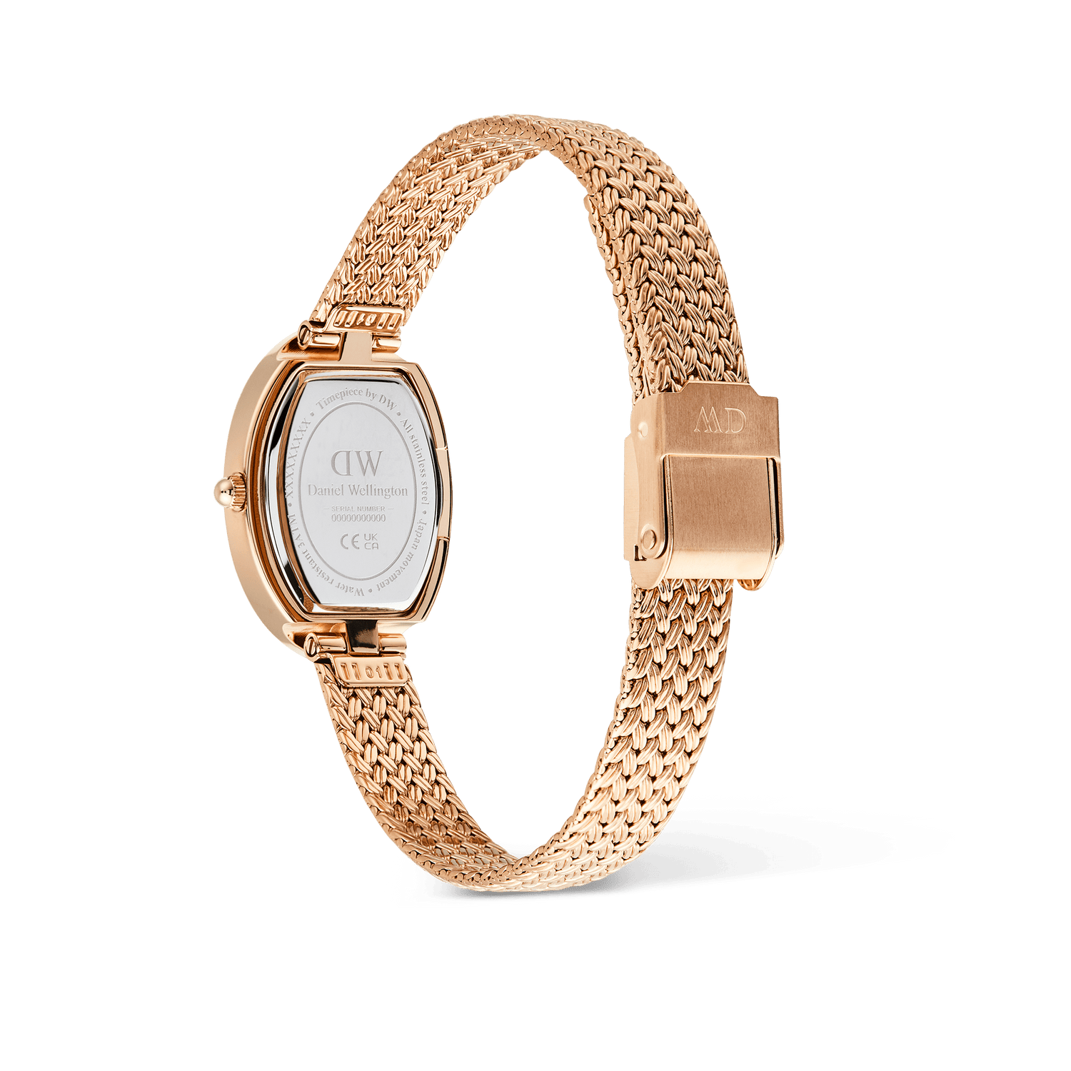 Juliette Braided Mesh White Sunray Rose Gold watch showing the back of the oval case, engraved details, and the adjustable braided rose gold mesh strap with fold-over clasp.