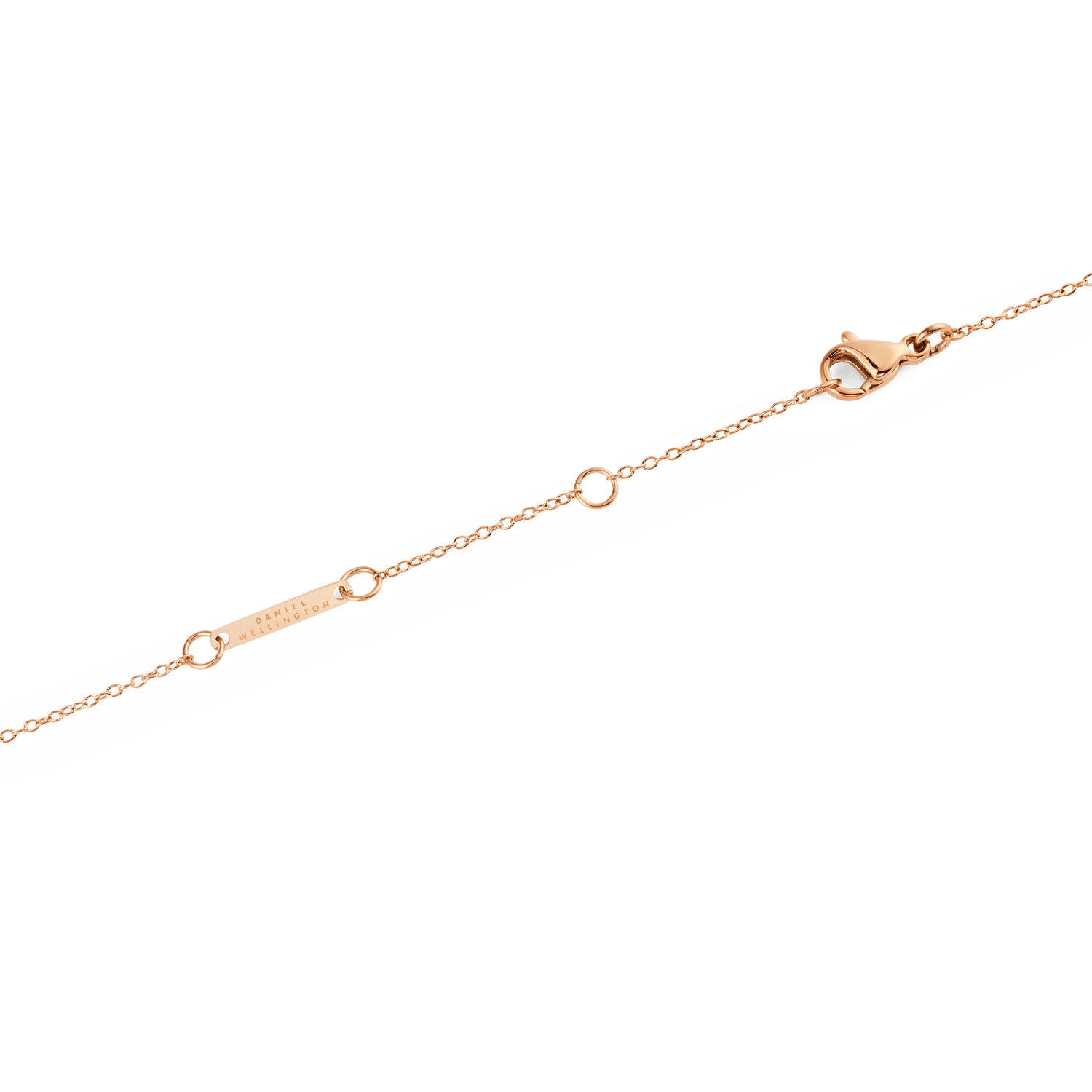 Close-up of the Mirelle Solitaire Necklace Rose Gold clasp and adjustable chain, showing the fine rose gold links and secure fastening with branded detailing.