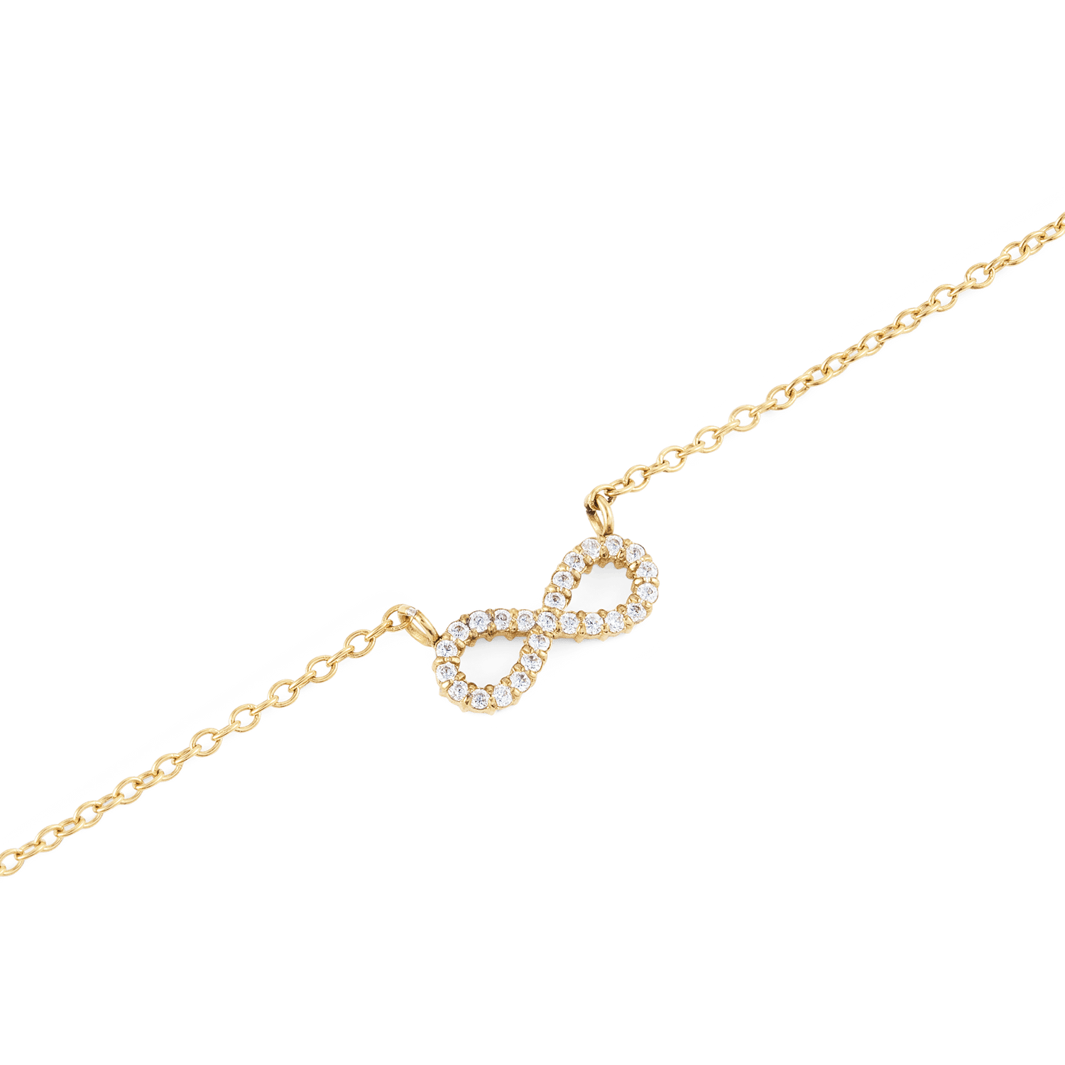 Close-up of the Mirelle Infinity Necklace Gold, showing a fine gold chain with a sparkling infinity pendant set with white cubic zirconia crystals for a refined, minimalist look.