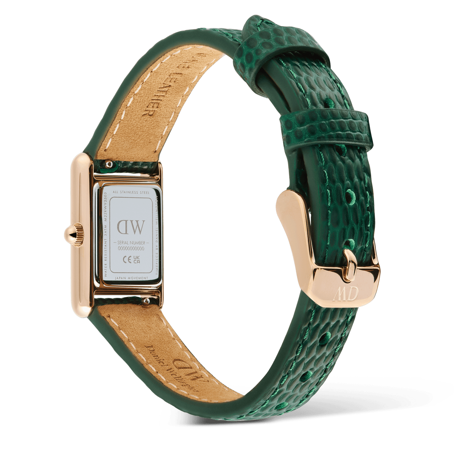 Rear view of the Bound Mini Green Lizard Rose Gold watch showing the stainless steel case back, green lizard-embossed leather strap, and rose gold pin buckle with detailed stitching.