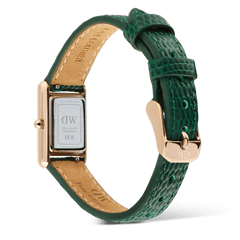 Rear view of the Bound Mini Green Lizard Rose Gold watch showing the stainless steel case back, green lizard-embossed leather strap, and rose gold pin buckle with detailed stitching.