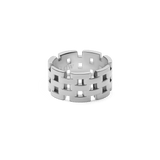 Wide silver ring with a bold geometric link design, featuring polished stainless steel and open rectangular links for a modern, statement look.