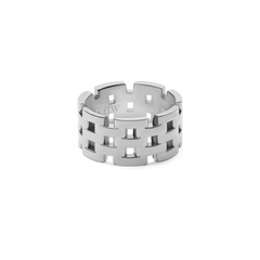 Wide silver ring with a bold geometric link design, featuring polished stainless steel and open rectangular links for a modern, statement look.