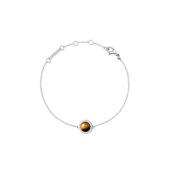 Delicate silver bracelet with an adjustable fine chain, featuring a central tiger eye gemstone framed by a halo of white cubic zirconia and a secure lobster clasp.