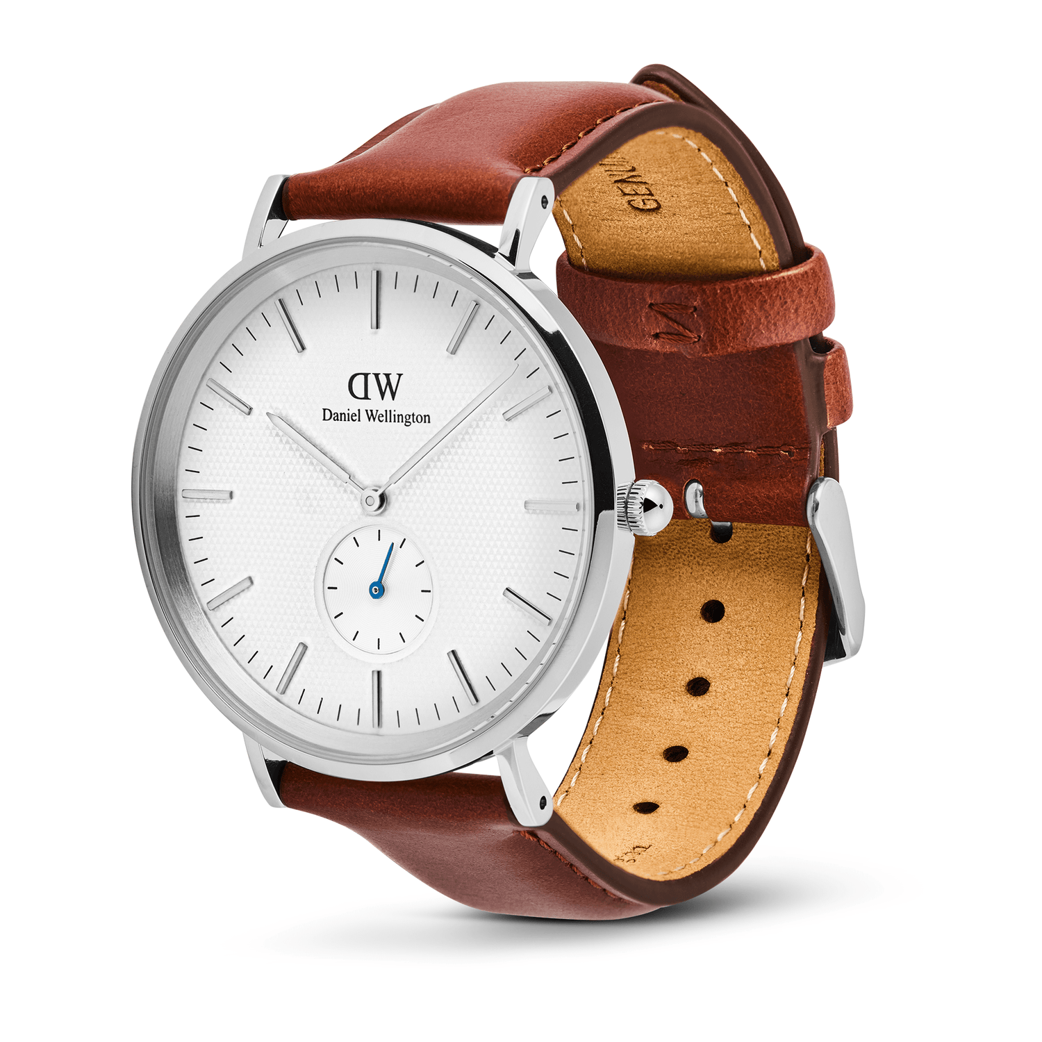 Classic Multi-Eye St Mawes Off-white Sunray Silver men's watch featuring a round silver case, off-white sunray dial, minimalist markers, blue-tinted sub-second hand, and a stitched brown leather strap with pin buckle closure.