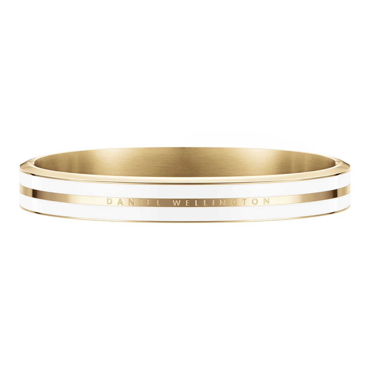 Elegant Emalie Infinite Gold Satin White bracelet with a gold-tone stainless steel finish, satin white enamel accents, and understated Daniel Wellington branding, perfect for pairing with both casual and formal outfits.
