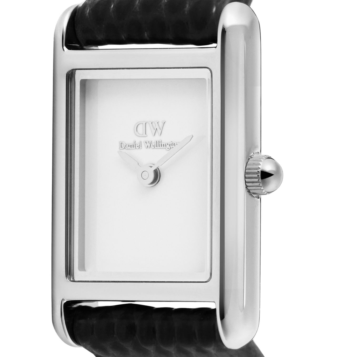 Close-up of the Daniel Wellington Bound Mini Black Lizard Silver watch showing the polished rectangular silver case, minimalist white dial, and textured black lizard grain leather strap.