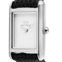 Close-up of the Daniel Wellington Bound Mini Black Lizard Silver watch showing the polished rectangular silver case, minimalist white dial, and textured black lizard grain leather strap.