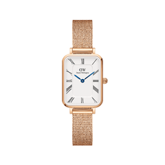 Rectangular rose gold mesh strap watch with a white dial, Roman numerals, and blue steel hands, featuring a minimalist design suitable for everyday wear.