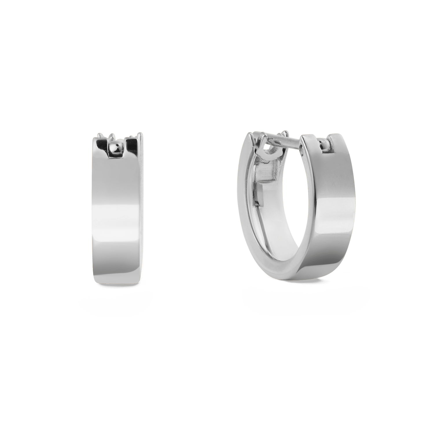 A pair of small, polished silver hoop earrings with a minimalist design and latch-back closure, crafted from 316L stainless steel for a refined, modern look.