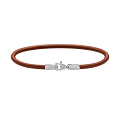 Slim brown leather St Mawes Bracelet Silver with a polished silver stainless steel lobster clasp, shown against a plain background to highlight its minimalist and versatile design for men.