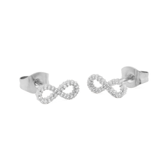 Mirelle Infinity Earring Silver stud earrings in polished stainless steel, each featuring a sparkling infinity symbol with white cubic zirconia crystals and secure stud closures.