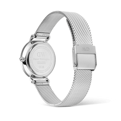 Rear view of the Daniel Wellington Petite Reflection Silver ladies watch showing the engraved stainless steel case back, adjustable mesh strap, and secure clasp buckle.