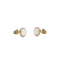 Audrey Earrings Mother of Pearl Gold shown from a side angle, highlighting the domed mother of pearl centre, gold setting, and a halo of white cubic zirconia crystals with secure stud backings.