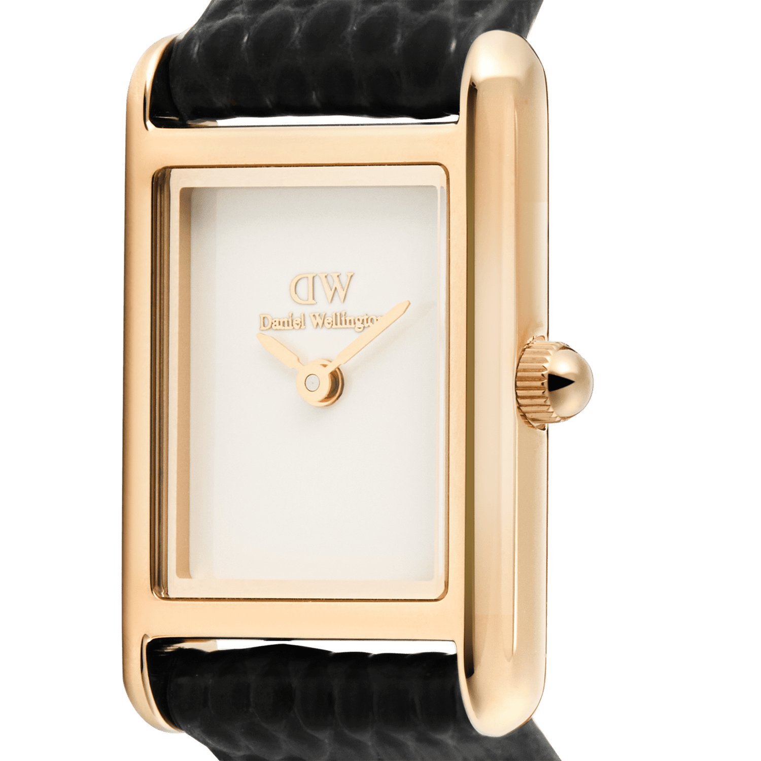 Close-up of the Daniel Wellington Bound Mini Black Lizard Rose Gold watch, showing the polished rectangular rose gold case, minimalist white dial, and textured black leather strap.