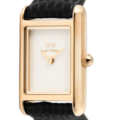 Close-up of the Daniel Wellington Bound Mini Black Lizard Rose Gold watch, showing the polished rectangular rose gold case, minimalist white dial, and textured black leather strap.