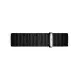 Cornwall Strap Silver features a black woven polyester NATO style watch strap with a polished silver buckle, designed for both comfort and versatility.