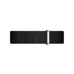 Cornwall Strap Silver features a black woven polyester NATO style watch strap with a polished silver buckle, designed for both comfort and versatility.