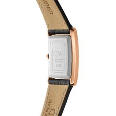 Close-up of the Bound Black Crocodile Rose Gold watch showing the stainless steel case back, rose gold frame, and genuine leather strap with crocodile embossing, highlighting craftsmanship and quality details.