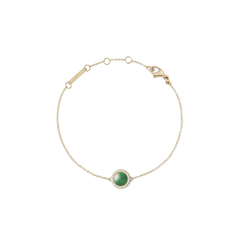 Delicate gold bracelet featuring a domed jade centrepiece surrounded by a halo of cubic zirconia, set on a fine adjustable gold chain with a secure lobster clasp.