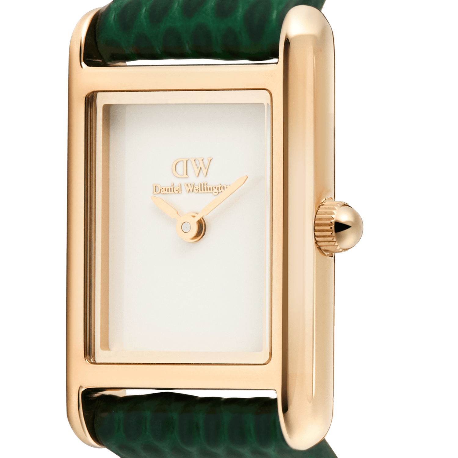 Close-up of the Bound Mini Green Lizard Rose Gold watch, highlighting the rectangular rose gold case, minimalist white dial, and textured green lizard-embossed leather strap.