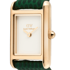 Close-up of the Bound Mini Green Lizard Rose Gold watch, highlighting the rectangular rose gold case, minimalist white dial, and textured green lizard-embossed leather strap.