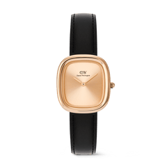 Margot Sheffield Unitone Sunray Rose Gold ladies watch featuring a cushion-shaped rose gold case, minimalist rose gold dial without indices, and a slim black leather strap with a polished pin buckle.