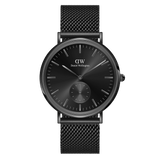 Classic Multi-Eye Ashfield Onyx men's watch featuring a 40mm round black dial with minimalist hour markers, a black mesh stainless steel strap, and a multi-eye subdial for added functionality.