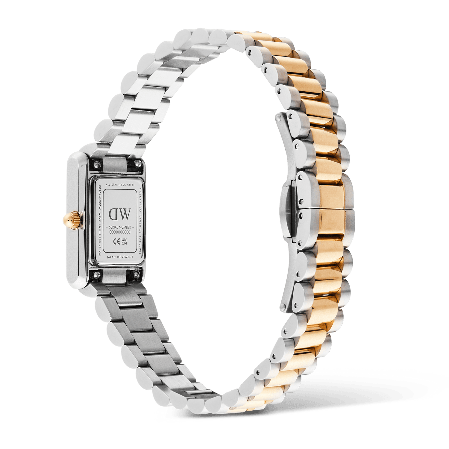 Rear view of the Daniel Wellington Bound Mini 3-Link Two Tone Rose Gold watch, showing the stainless steel case back, engraved details, and the polished silver and rose gold three-link bracelet with butterfly clasp.