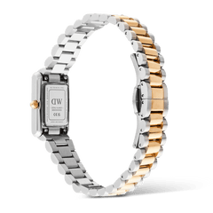 Rear view of the Daniel Wellington Bound Mini 3-Link Two Tone Rose Gold watch, showing the stainless steel case back, engraved details, and the polished silver and rose gold three-link bracelet with butterfly clasp.