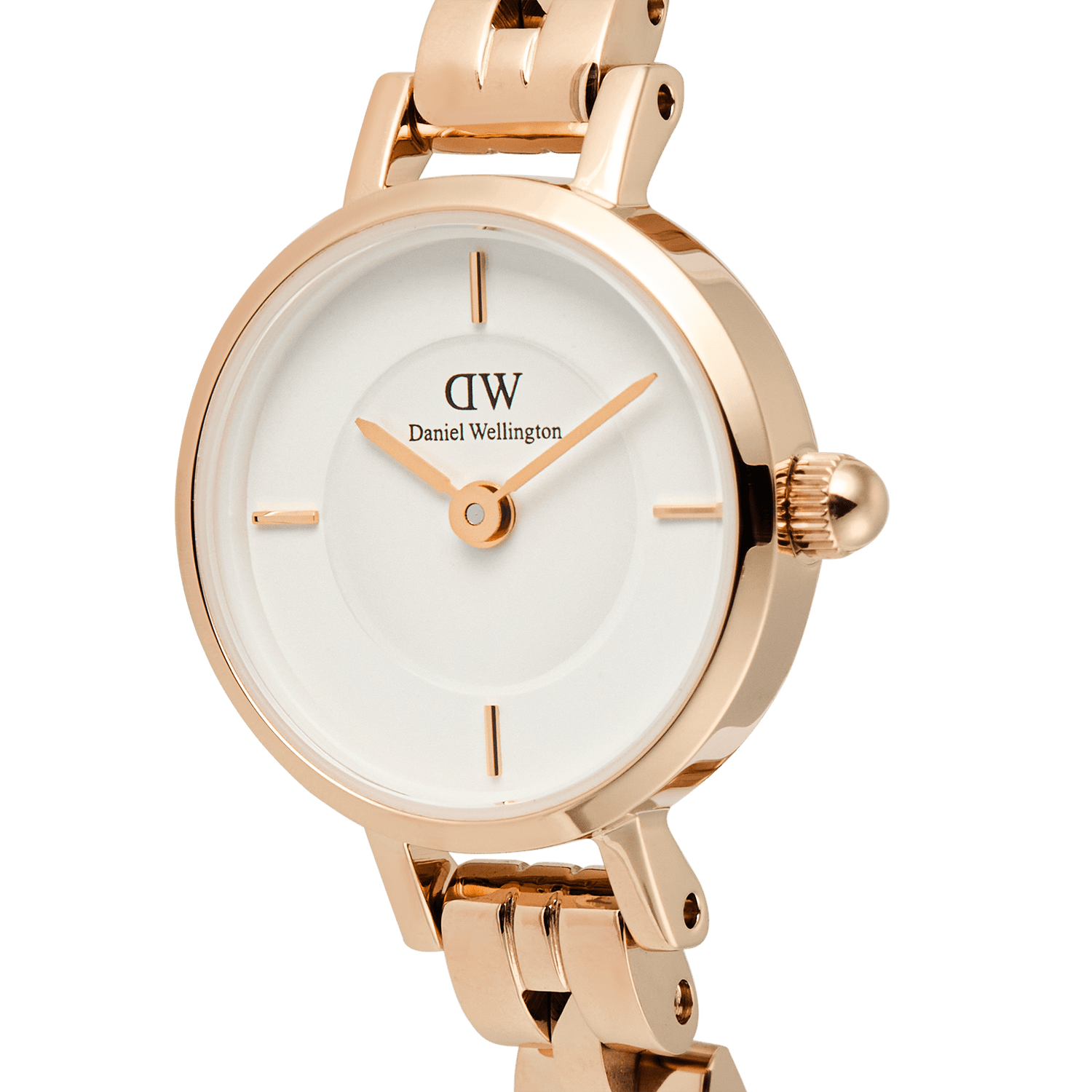 Close-up of the Petite Mini Arch 3-link White Rose Gold watch, showcasing its polished rose gold case, crisp white dial, minimalist quarter-hour indices, and slim three-link bracelet for a refined, modern look.