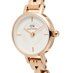Close-up of the Petite Mini Arch 3-link White Rose Gold watch, showcasing its polished rose gold case, crisp white dial, minimalist quarter-hour indices, and slim three-link bracelet for a refined, modern look.