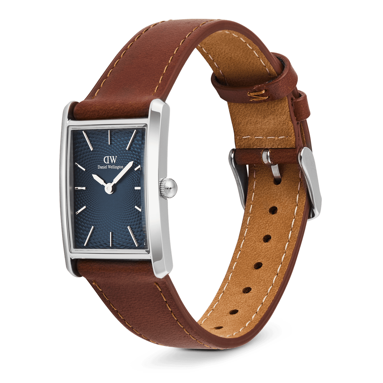 Daniel Wellington Bound Light Brown Arctic Guilloché Silver watch with a rectangular silver case, deep blue guilloché dial, and adjustable light brown leather strap, shown in a side angle to highlight its slim profile and classic styling.