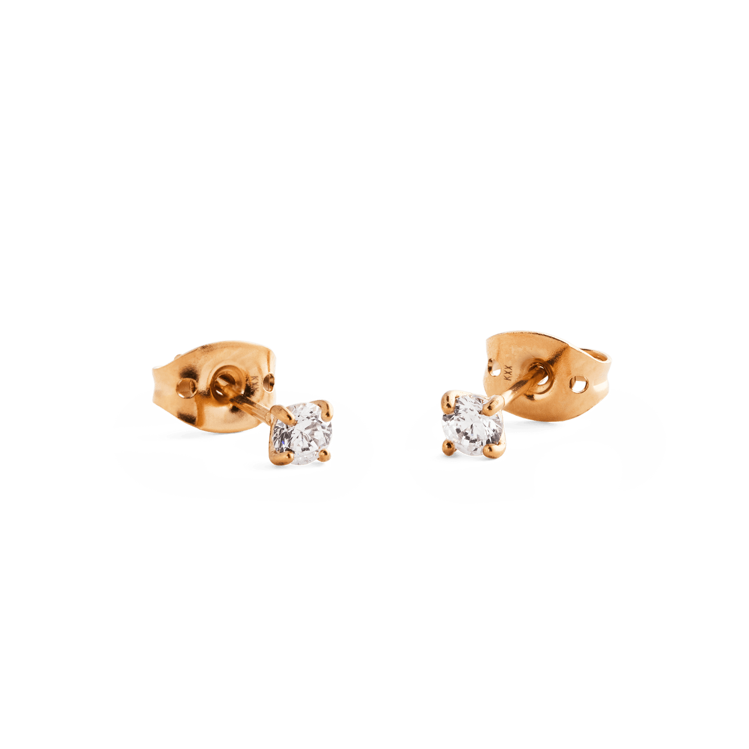 Mirelle Solitaire Stud Earrings in rose gold with white cubic zirconia stones, shown from the side and back to highlight the secure butterfly backs and polished rose gold finish.