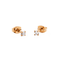Mirelle Solitaire Stud Earrings in rose gold with white cubic zirconia stones, shown from the side and back to highlight the secure butterfly backs and polished rose gold finish.
