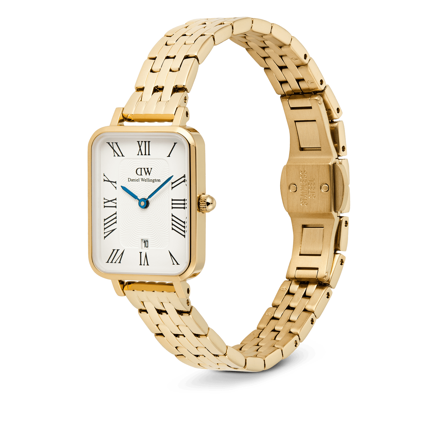 Quadro Roman Numerals Date 5-link Gold ladies watch featuring a rectangular white guilloché dial with Roman numerals, polished gold 5-link bracelet, and date window, shown with an open butterfly clasp.