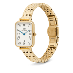 Quadro Roman Numerals Date 5-link Gold ladies watch featuring a rectangular white guilloché dial with Roman numerals, polished gold 5-link bracelet, and date window, shown with an open butterfly clasp.